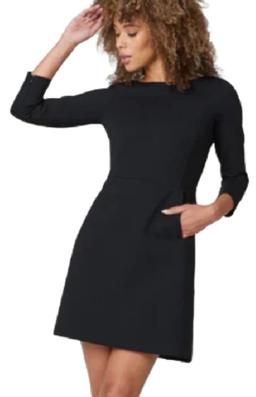 SPANX Black Ponte Perfect A-line Mini Dress Size Medium 3/4 Sleeve LBD Office